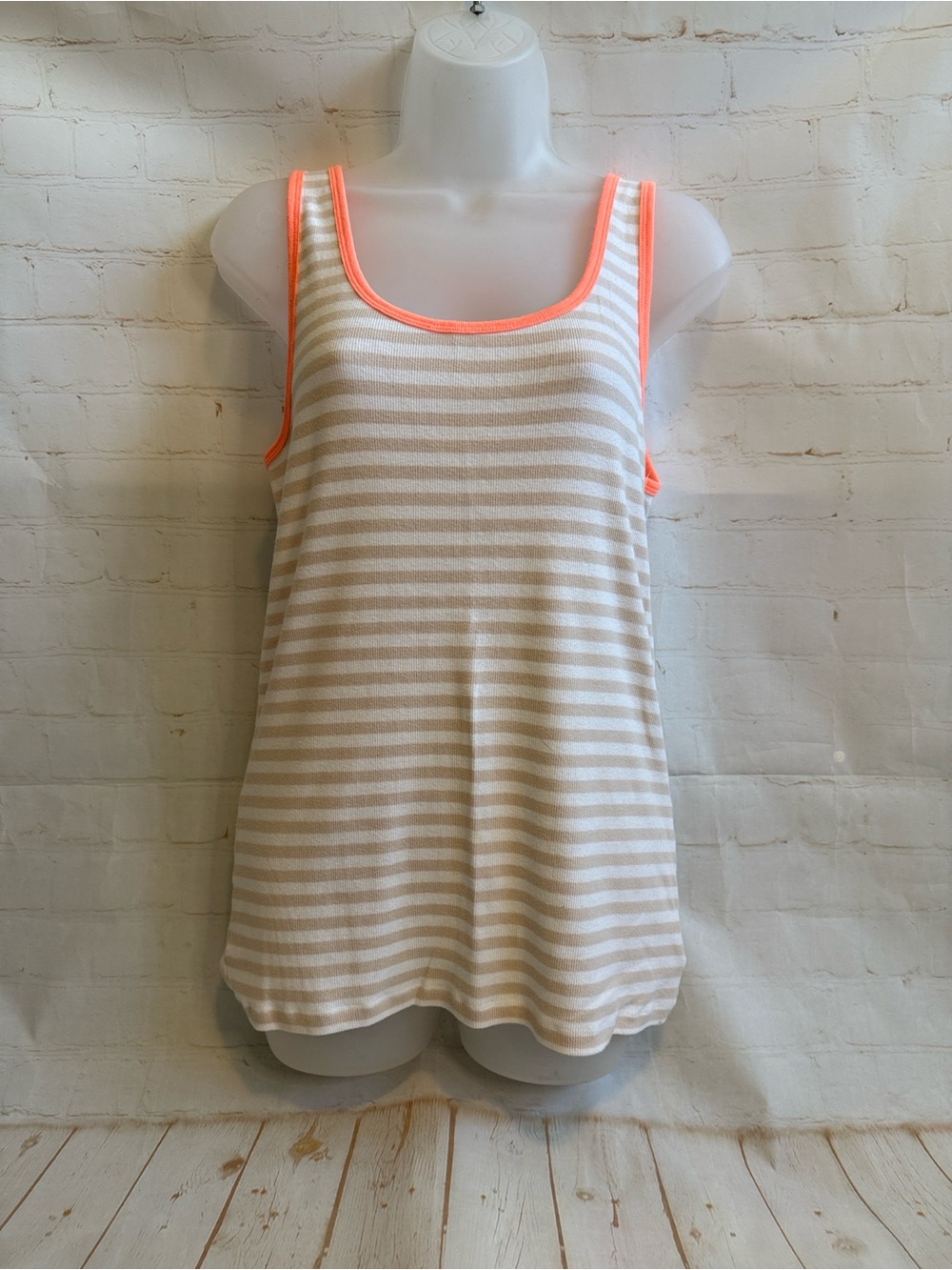 Old Navy Striped White, Khaki, Neon Orange Trim Ribbed Perfect Tank Top